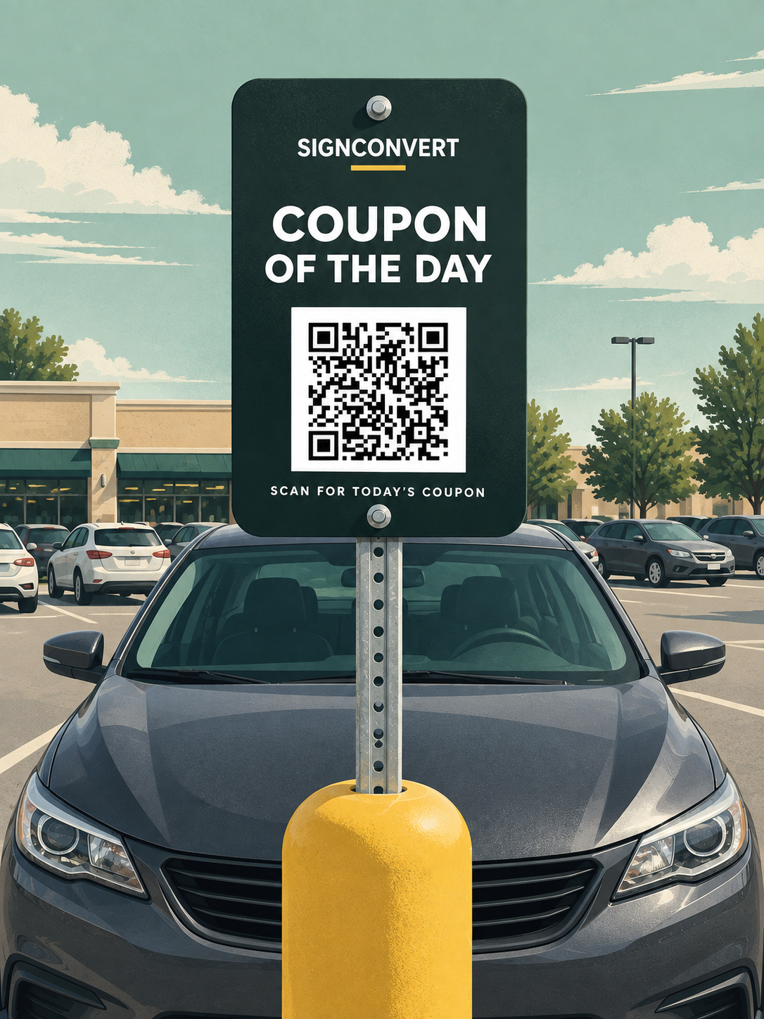 Illustrated SignConvert sign in a grocery parking lot, directly in front of a parked car. The sign reads Coupon of the Day, with a large QR code and the instruction Scan for Today's Coupon.